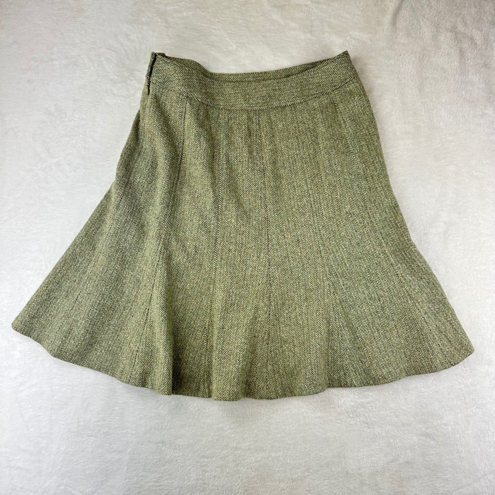 Ann Taylor Skirt Women Herringbone A-Line 8 Green Tweed Wool Blend Silk Academia